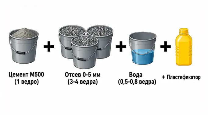 Инфографика рецепта бетона из гранитного отсева 0-5 мм: 1 ведро цемента М500, 3-4 ведра отсева, 0,5-0,8 ведра воды и обязательный пластификатор