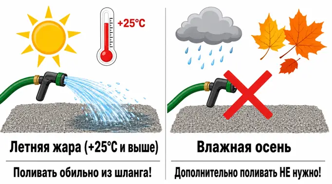 Инфографика влияния погоды на укладку отсева. Слева: летняя жара — поливать обильно из шланга. Справа: влажная осень — дополнительно поливать не нужно