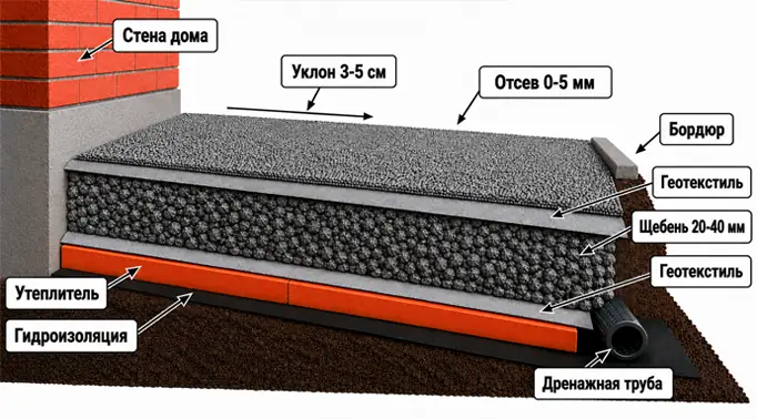 Инфографика в разрезе: слои мягкой отмостки у стены дома. Показаны гидроизоляция, геотекстиль, средний щебень и верхний слой из гранитного отсева 0-5 мм