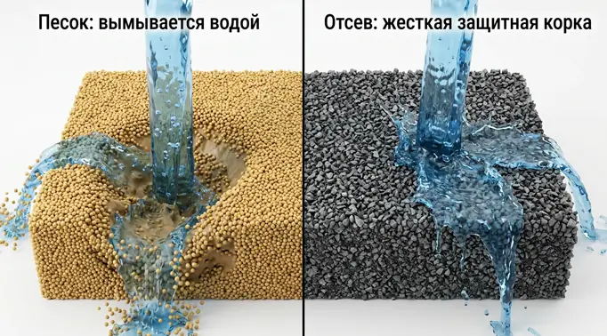 3D-инфографика сравнения строительных материалов. На левой половине показано, как мощный поток воды сверху размывает желтый песок, образуя глубокую вымоину. На правой половине видно, как вода безопасно стекает по плотной, неразмываемой поверхности из серого гранитного отсева 0-5 мм