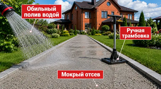 Фотография процесса правильной укладки садовой дорожки: обильное увлажнение гранитного отсева водой из шланга и уплотнение ручной трамбовкой