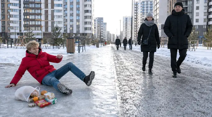 Разделенный пополам пешеходный тротуар в современном российском жилом комплексе. Слева на голом льду поскользнулся и упал человек. Справа по льду, слегка посыпанному гранитной крошкой, уверенно идут люди