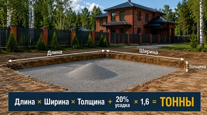 3D-инфографика схемы прямоугольной ямы с указанием длины, ширины и толщины, а также формула перевода объема в тонны с учетом усадки 20 процентов и плотности гранита 1,6