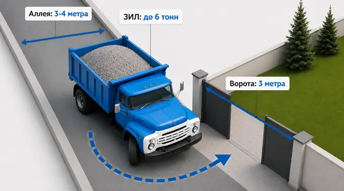 3D инфографика, показывающая схему заезда грузовика ЗИЛ с аллеи шириной 3-4 метра в дачные ворота шириной 3 метра