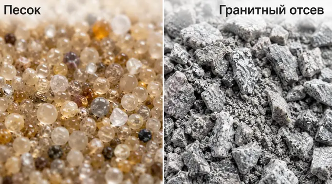 Макросъемка двух строительных материалов на разделенном экране. Слева показан обычный песок с круглыми и гладкими гранями. Справа показан гранитный отсев: острые, рваные осколки камня вперемешку с мелкой каменной пылью, которые плотно сцепляются друг с другом